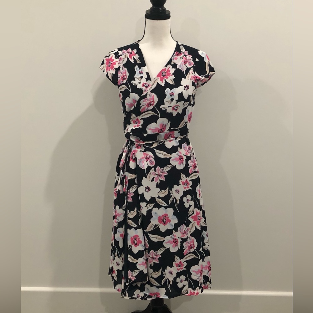 Banana Republic Black Floral Wrap Dress with Pink & Cream Flowers
